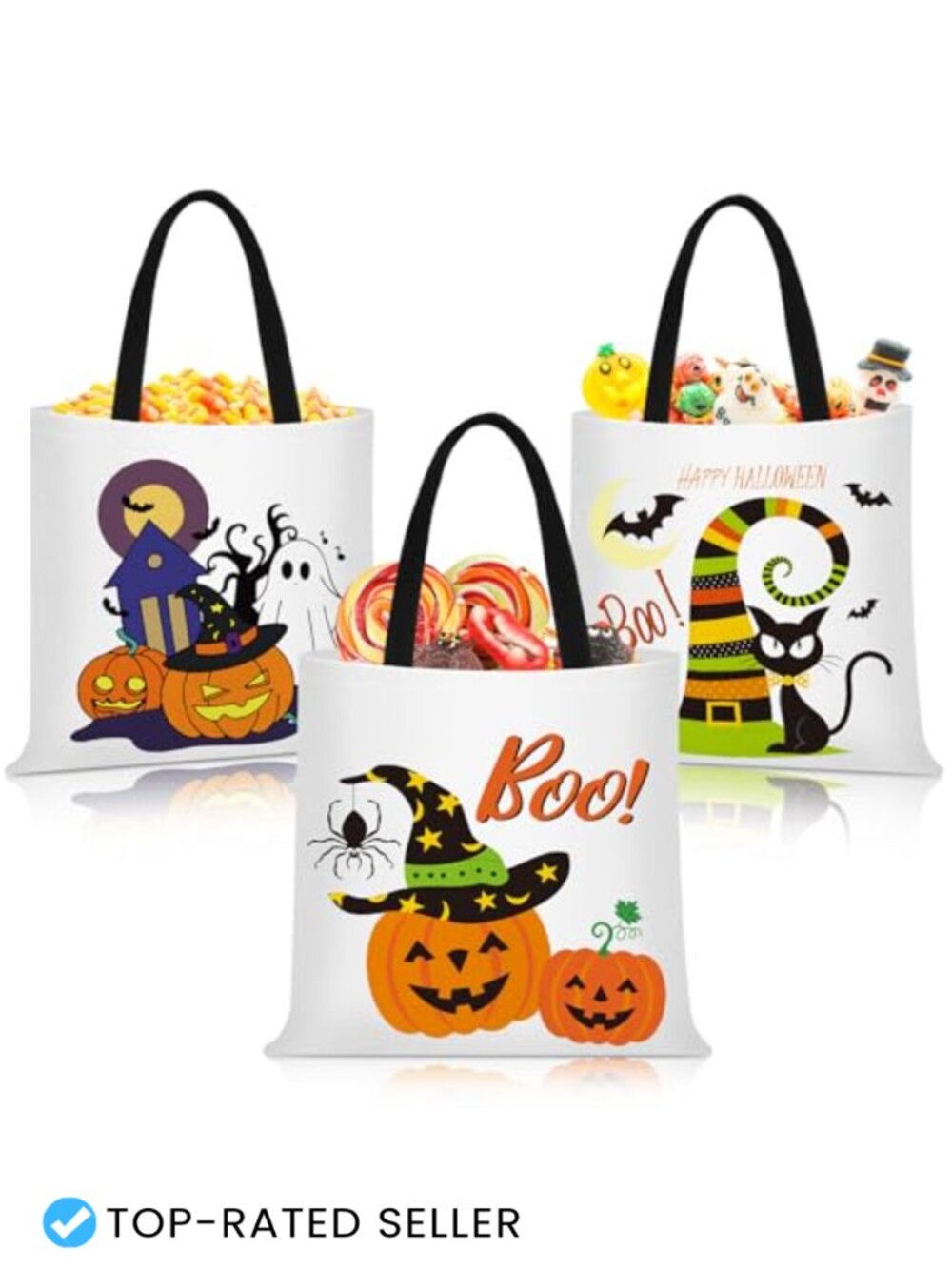 3 Canvas Halloween Tote Bags - Trick or Treat Candy Bags, Set of 3